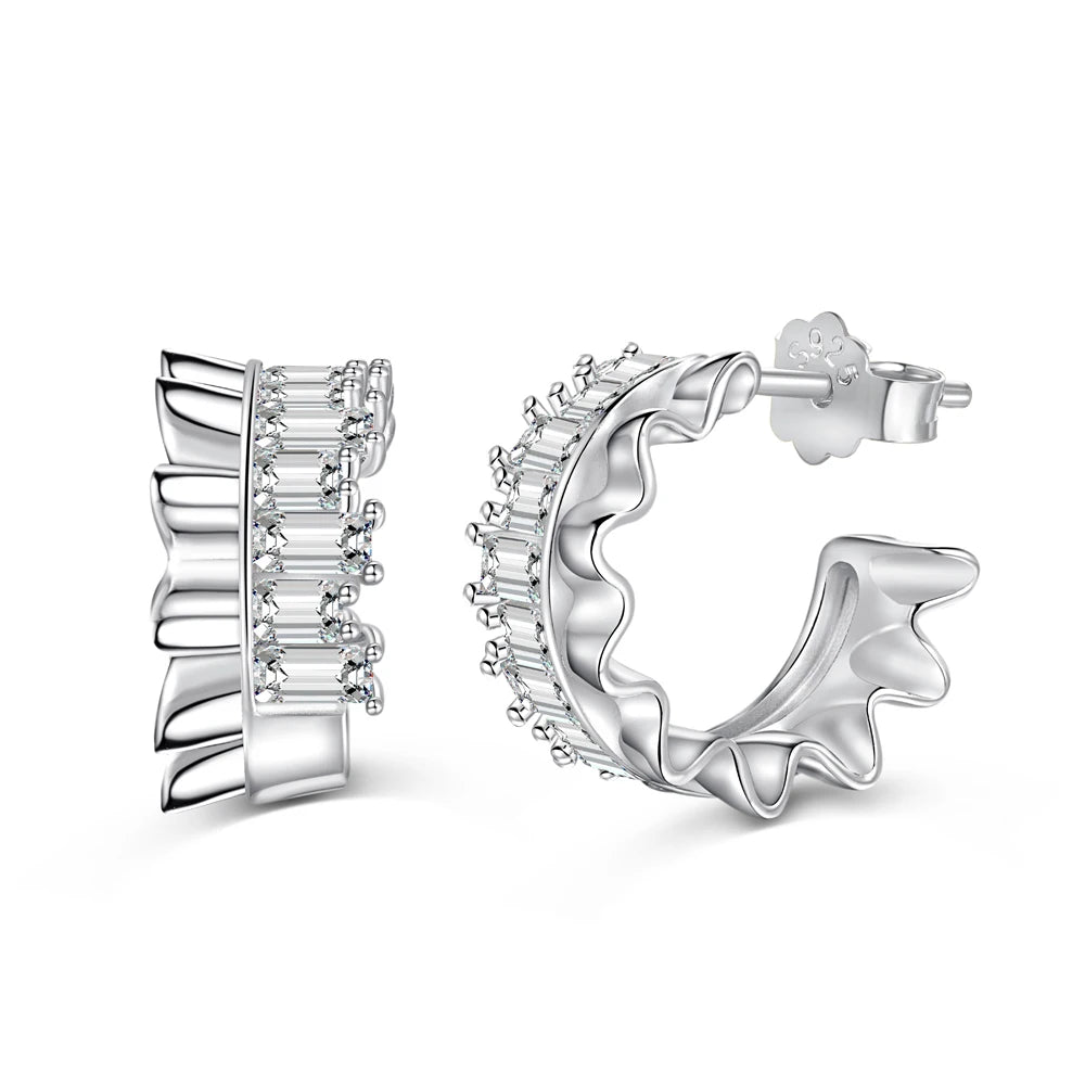 Silver Zircon Emerald Cut Curved Sided Ear Hoops