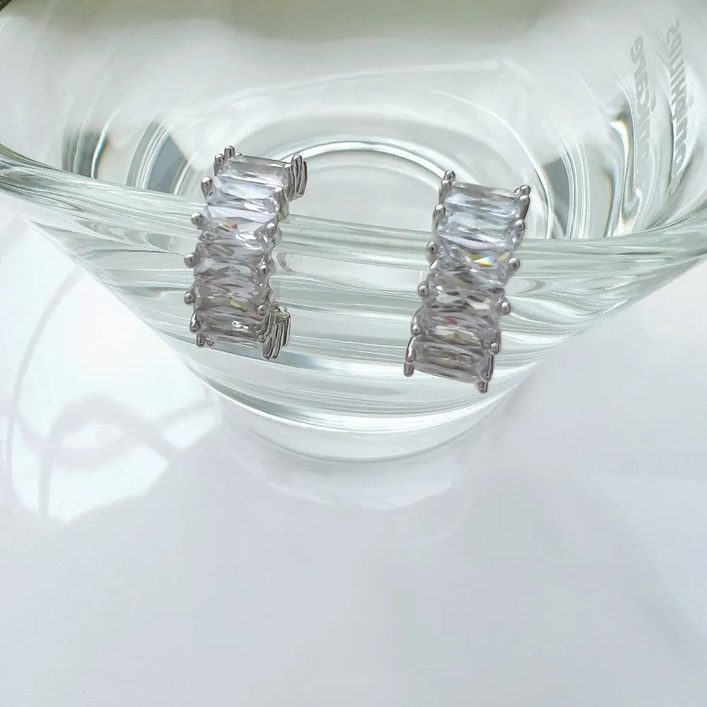 Silver Zircon Cushion Cut Chunky Inlaid Ear Hoops