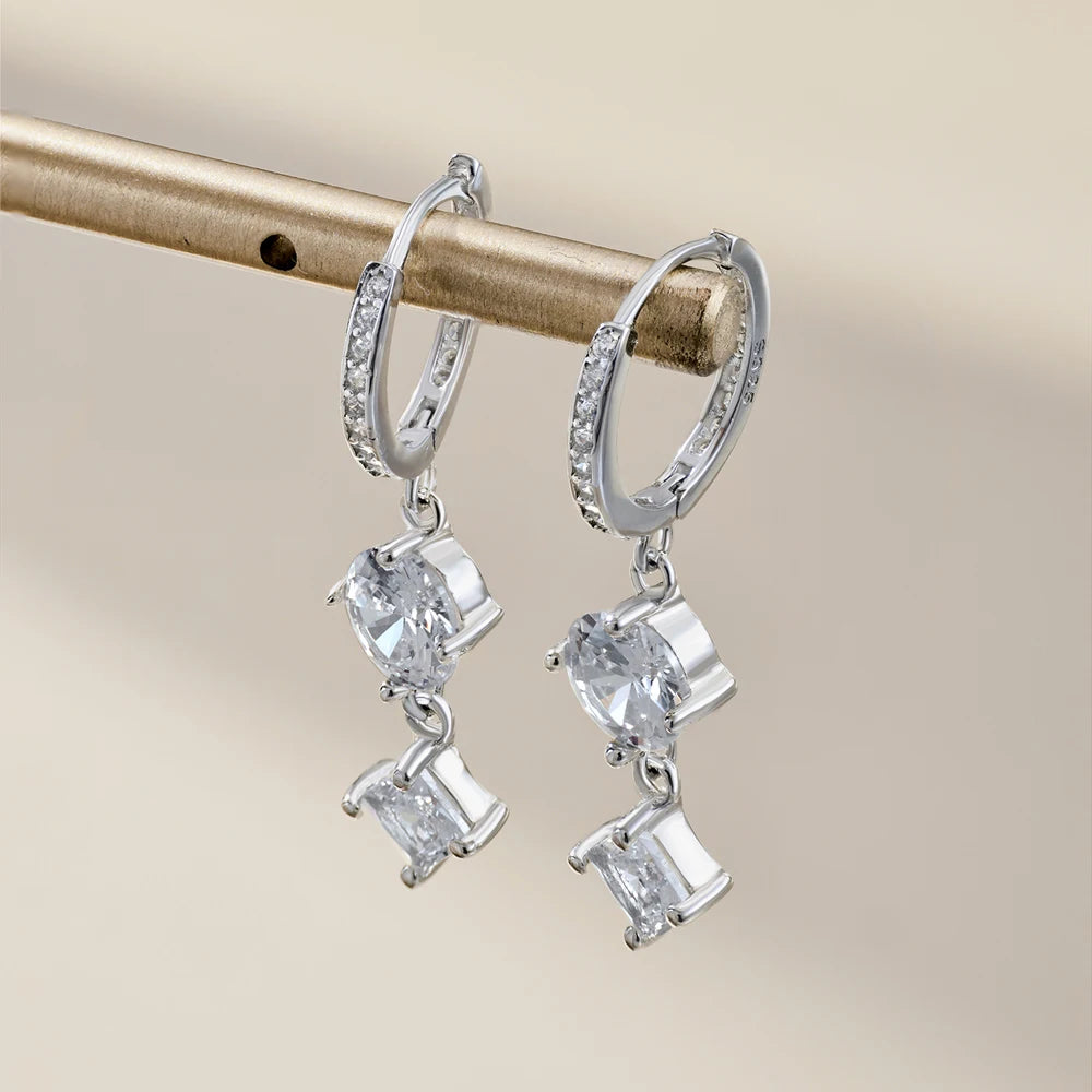 Silver Zircon Princess Cut Drop Star Huggie Earrings