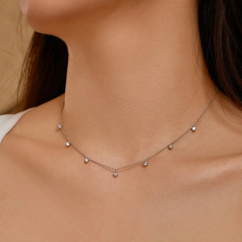 Silver Zircon Round Cut Tassel Chain Necklace