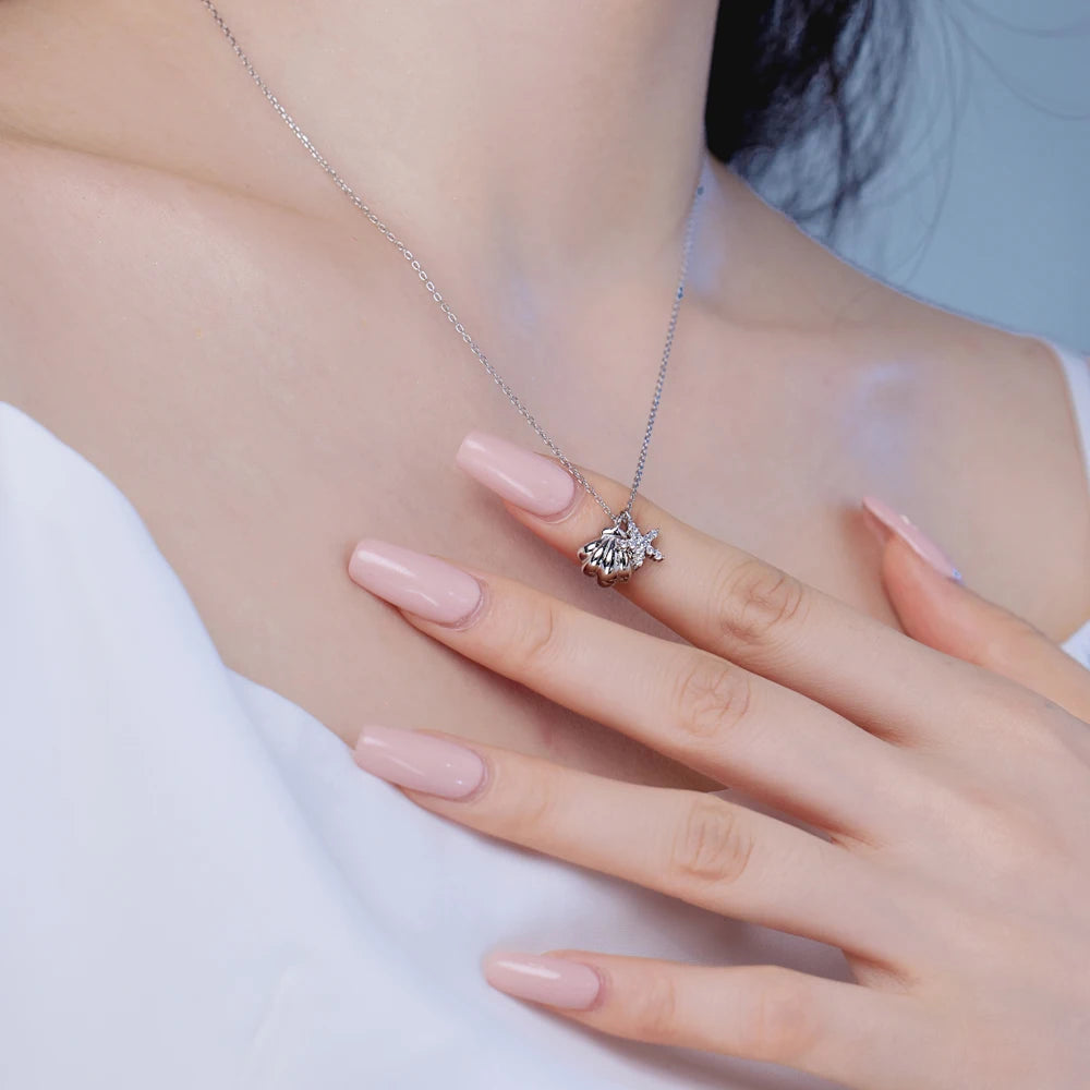 Silver Zircon Round Cut Shell Pendant Necklace