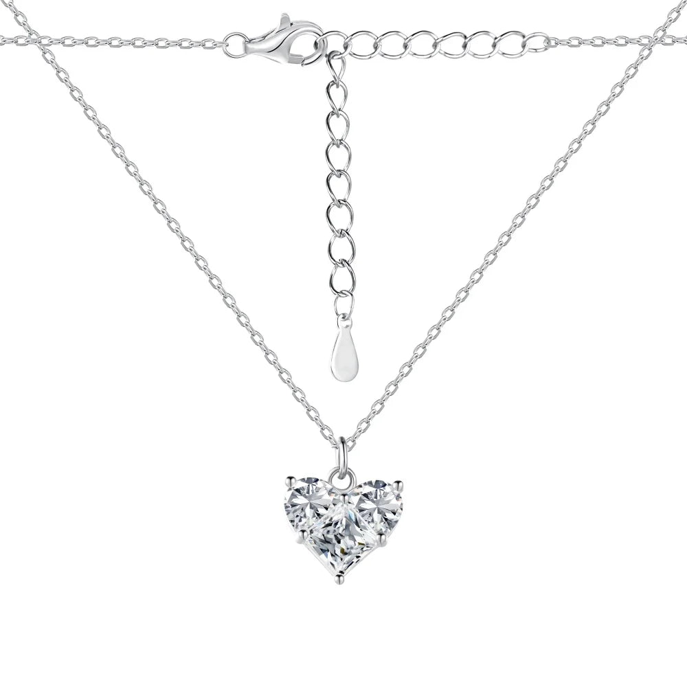 Silver Zircon Princess Cut Inlaid Heart Pendant Necklace