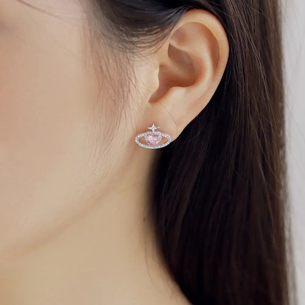 Silver Zircon Heart Cut Planet Ear Studs