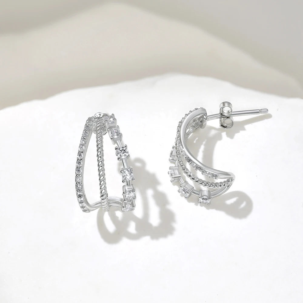 Silver Zircon Round Cut Twisted Hollow Huggie Earrings