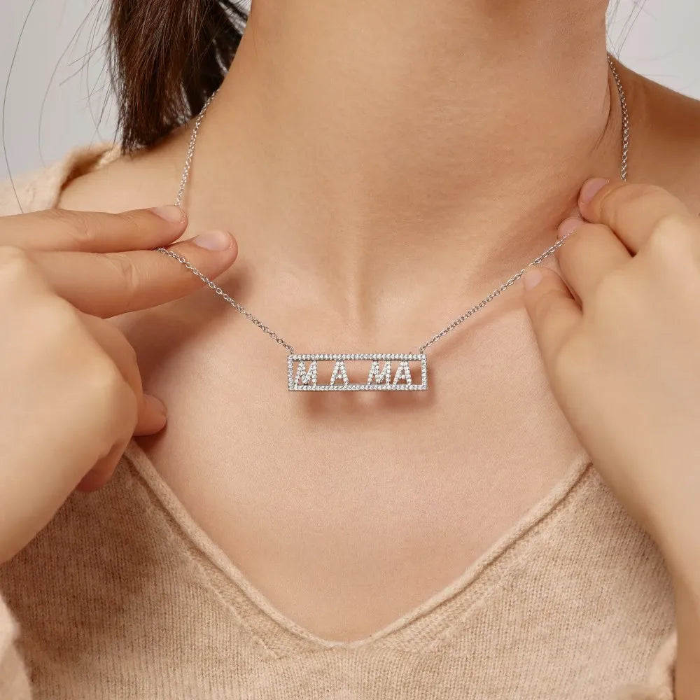 Silver Zircon Round Cut Inlaid Mama Bar Necklace