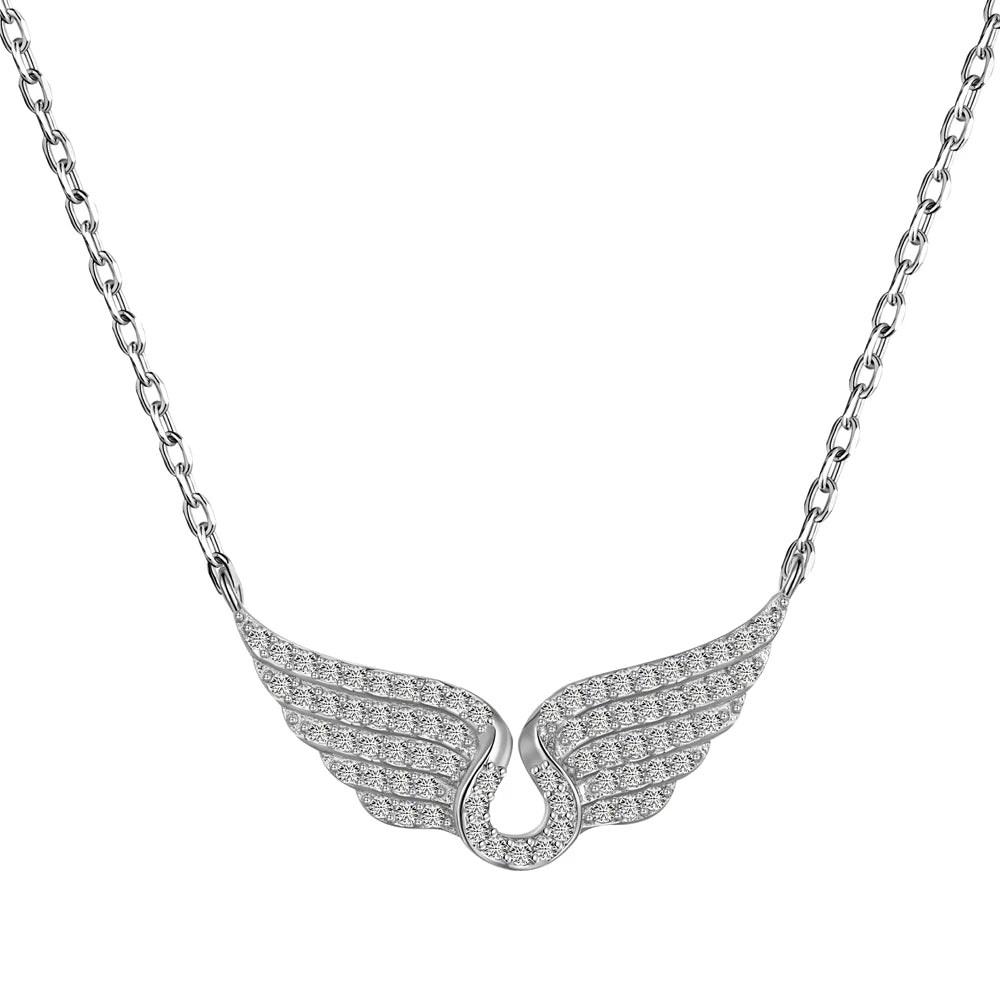 Silver Zircon Round Cut Halo Inlaid Wings Bar Necklace