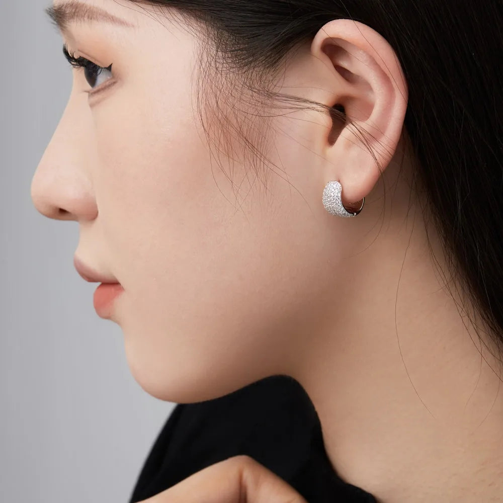 Silver Zircon Round Cut Iced Chunky Huggie Earrings