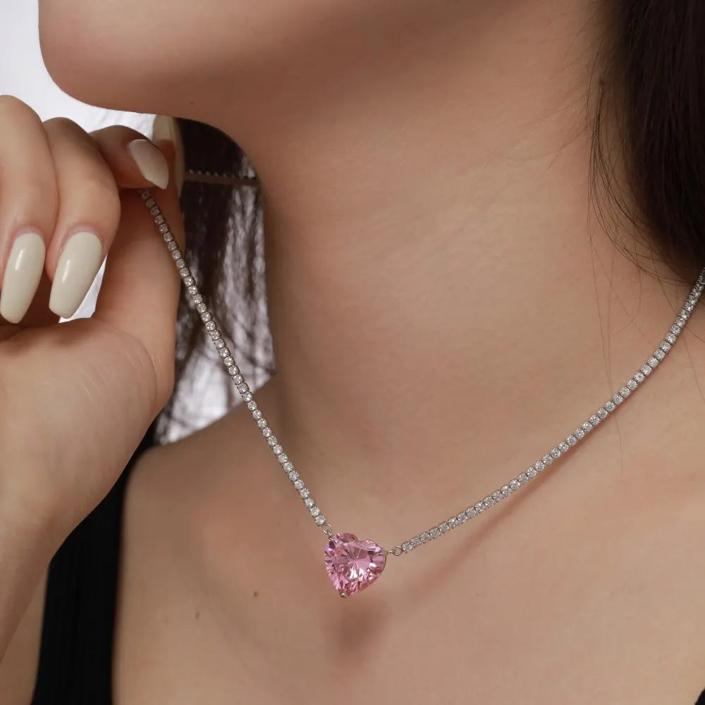 Silver Zircon Heart Cut Inlaid Tennis Necklace
