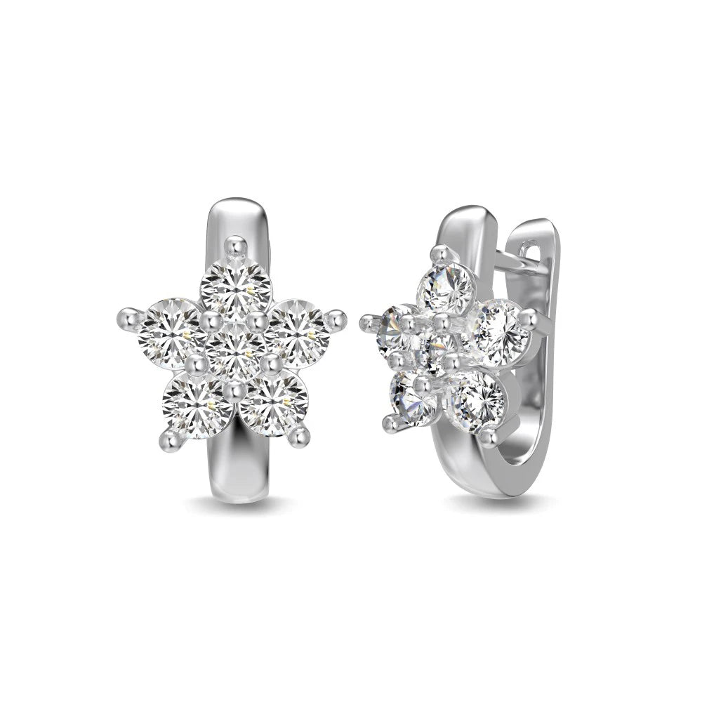 Silver Zircon Round Cut Flower Huggie Earrings