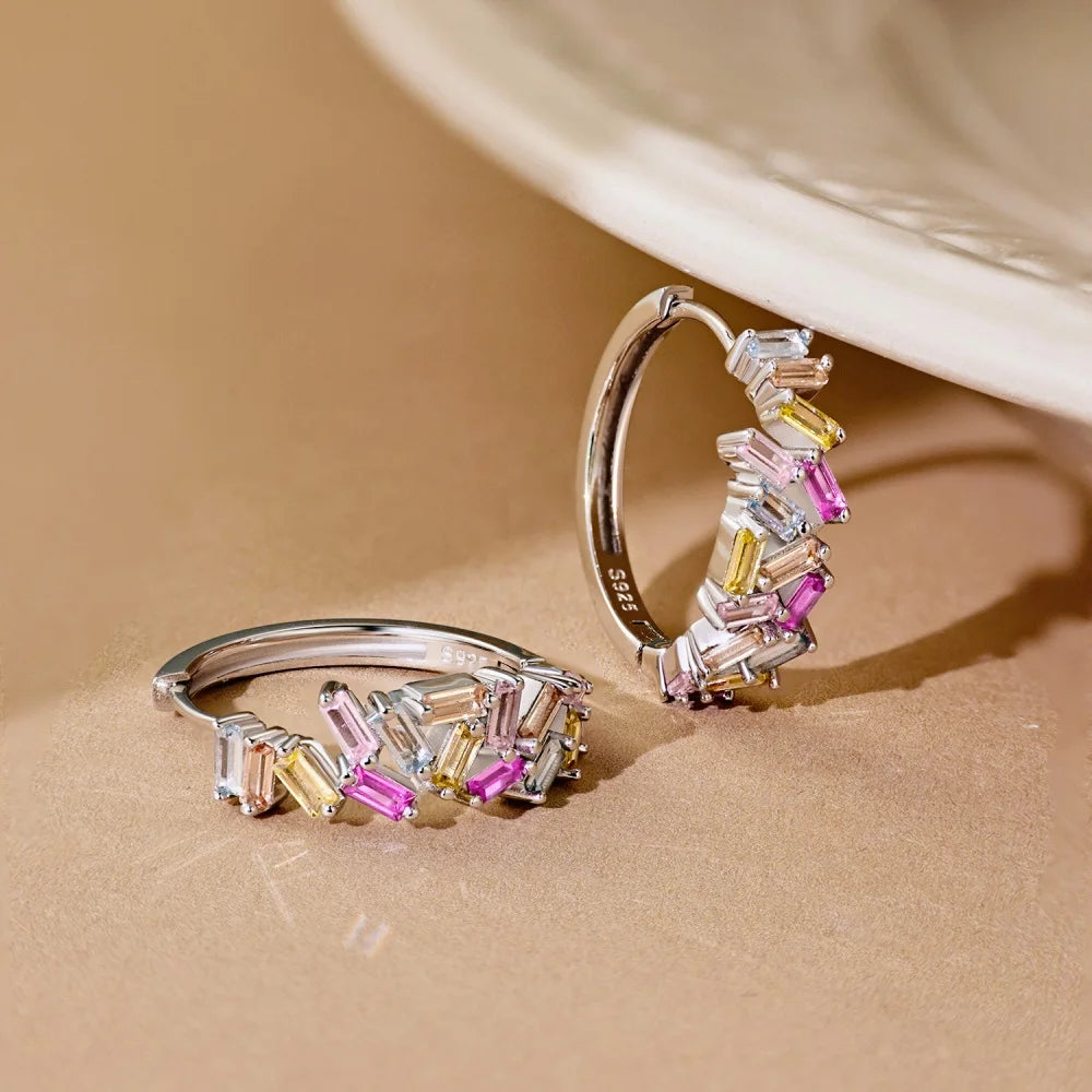 Silver Zircon Baguette Cut Irregular Ear Hoops