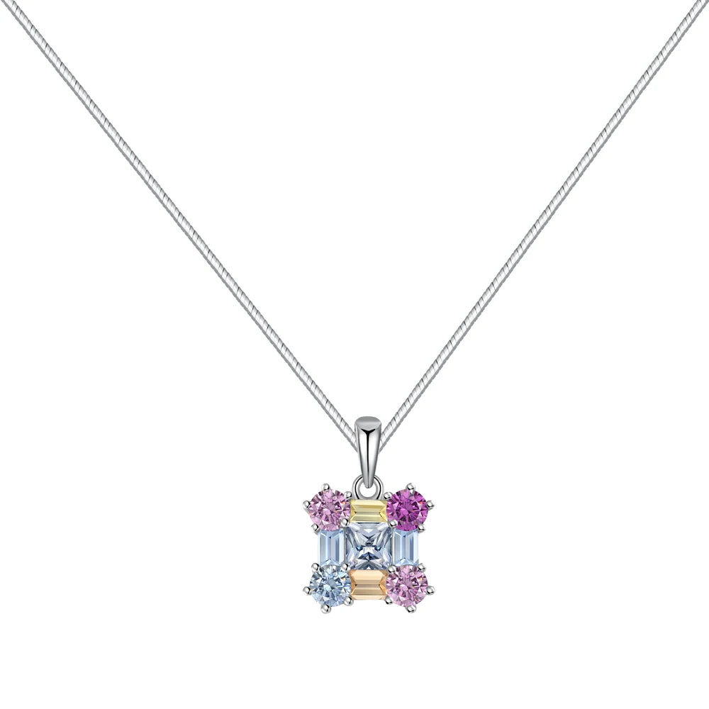 Silver Zircon Princess Cut Inlaid Cube Pendant Necklace