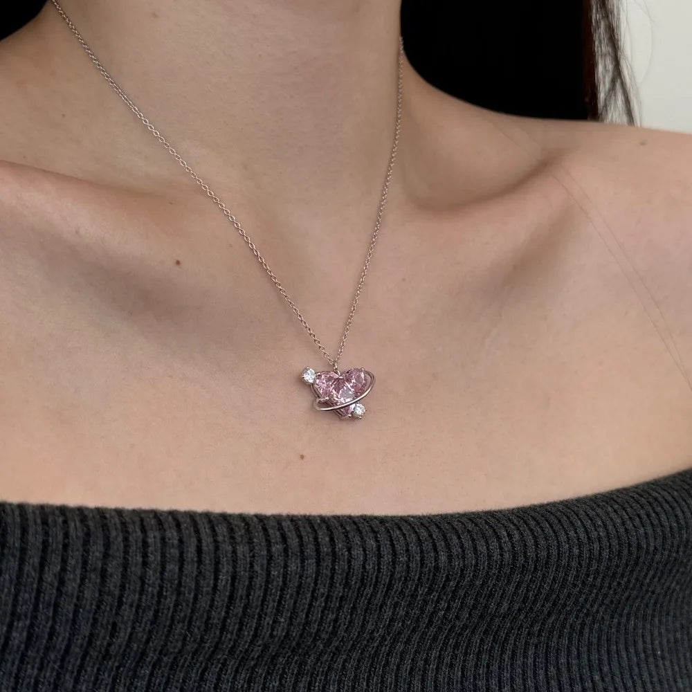 Silver Zircon Princess Cut Wrapped Heart Pendant Necklace