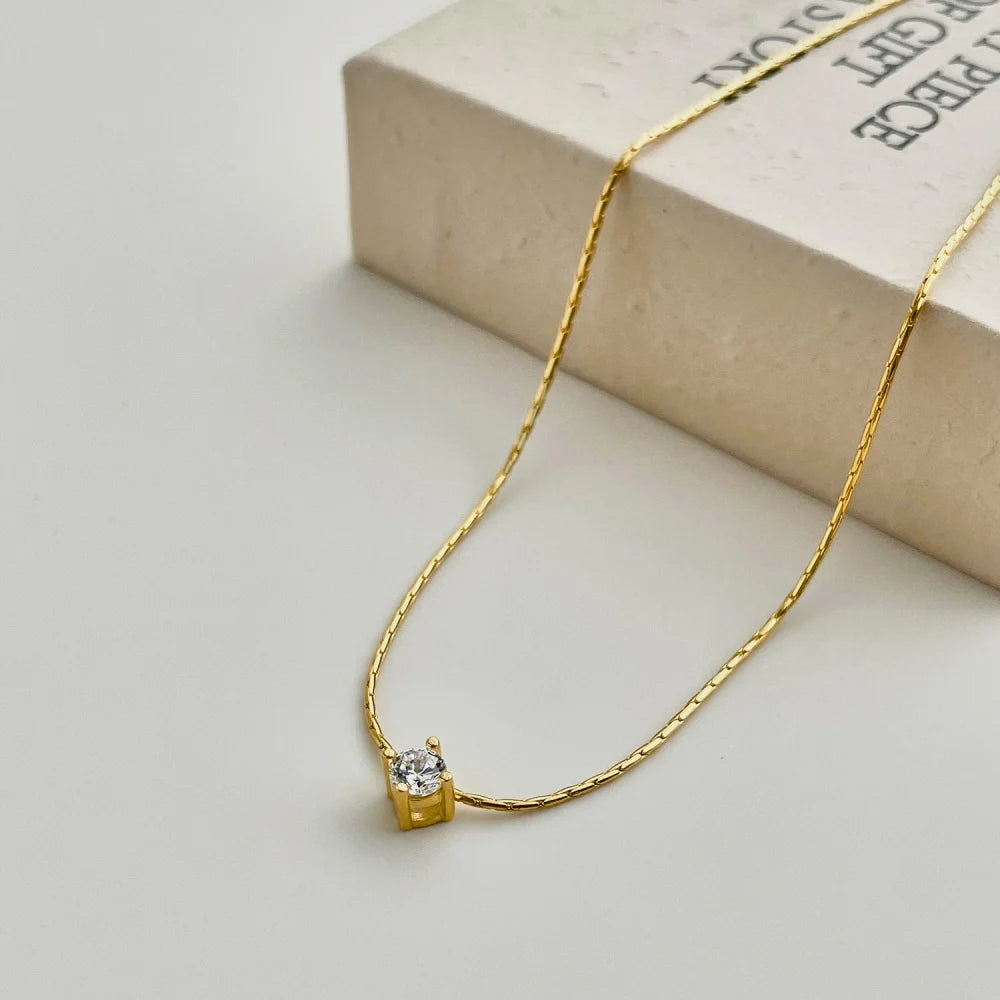 Silver Zircon Round Cut Box Pendant Necklace