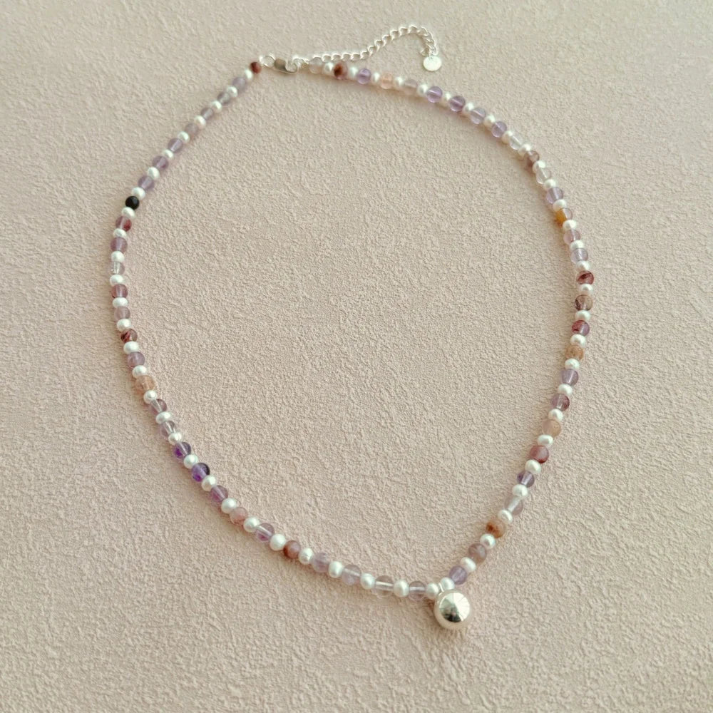 Silver Amethyst Round Cut Classic Beaded Necklace