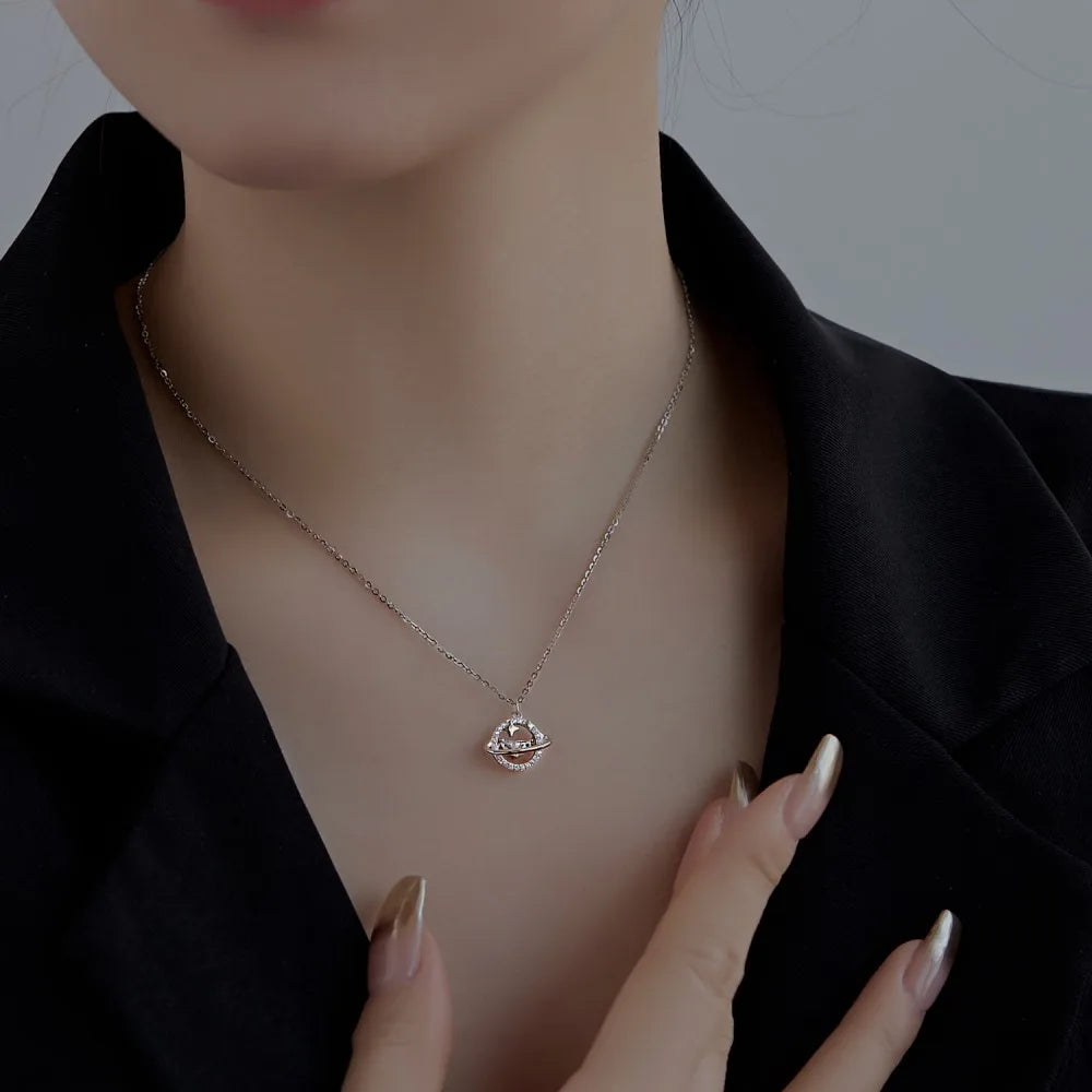Silver Zircon Half Moon Cut Planet Pendant Necklace