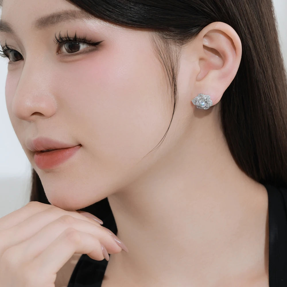 Silver Zircon Round Cut Iced Rose Ear Studs