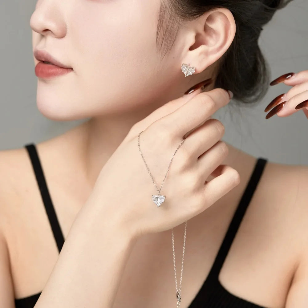 Silver Zircon Princess Cut Inlaid Heart Pendant Necklace