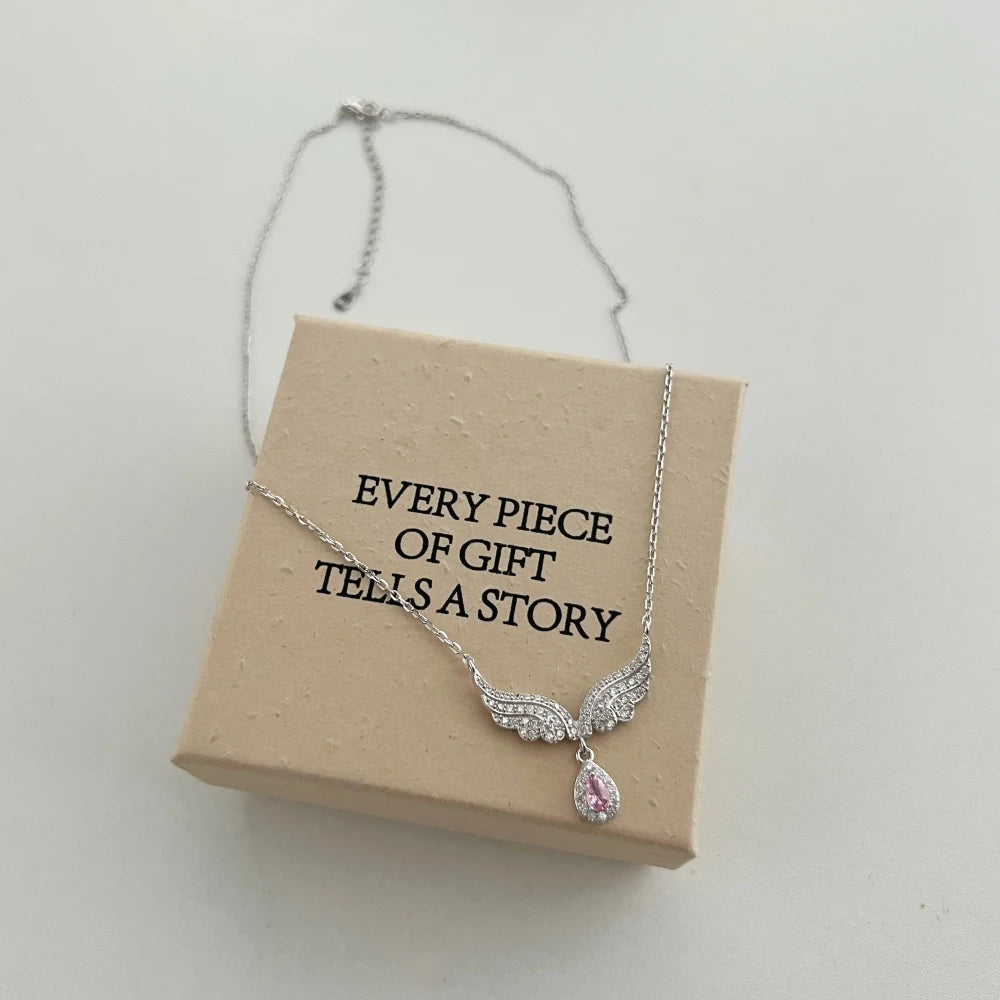 Silver Zircon Pear Cut Wings Waterdrop Pendant Necklace