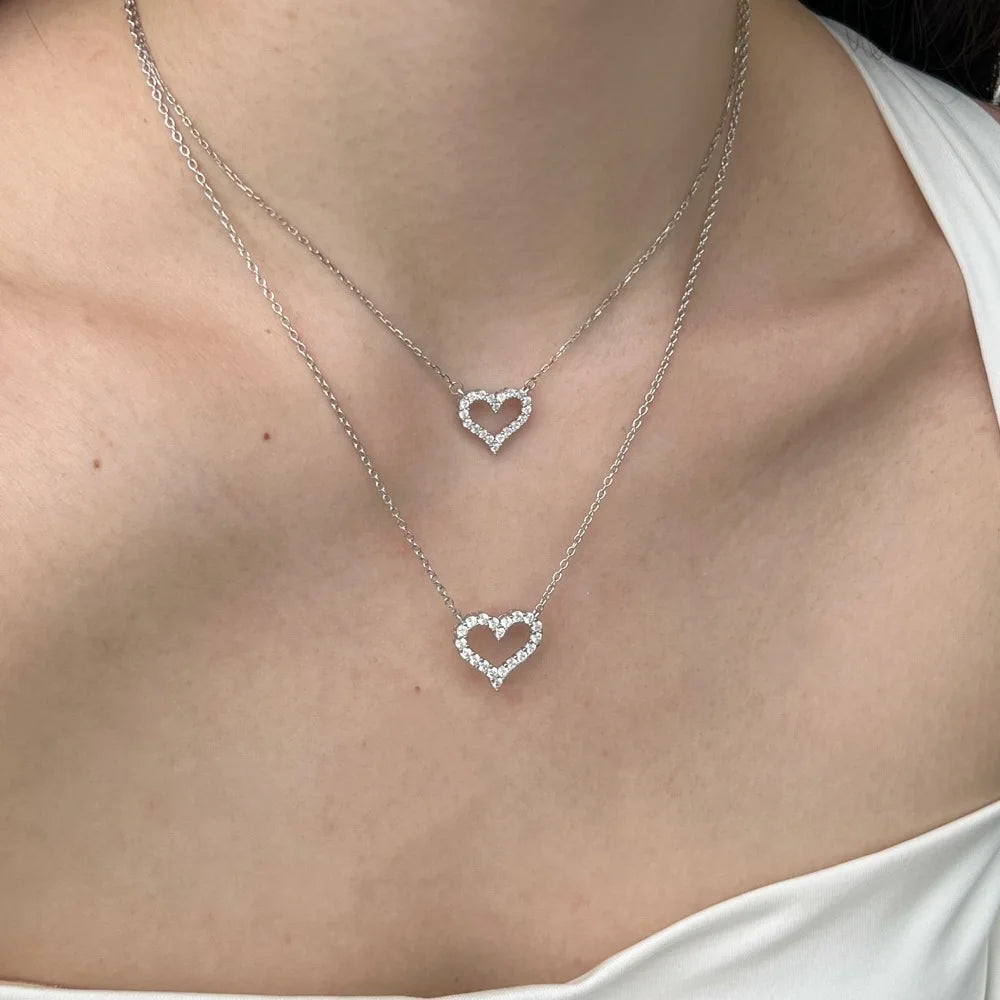 Silver Zircon Round Cut Small Inlaid Halo Heart Pendant Necklace