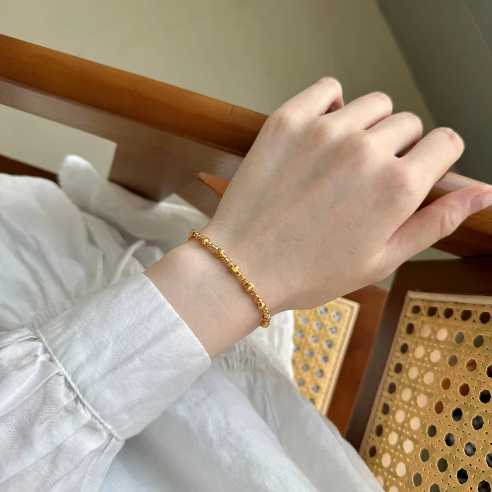 Silver Small Brushed Layered Bangles Beaded Bracelet