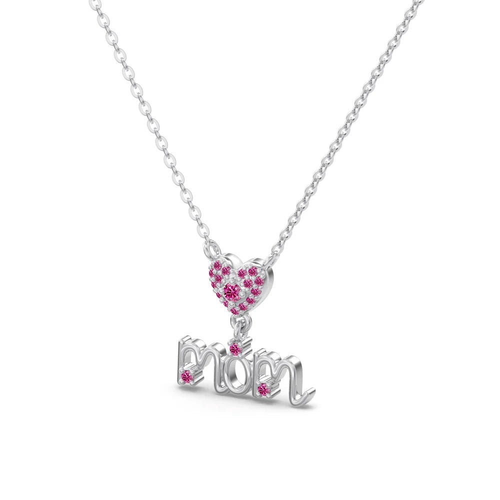 Silver Zircon Round Cut Loving Mom Pendant Necklace