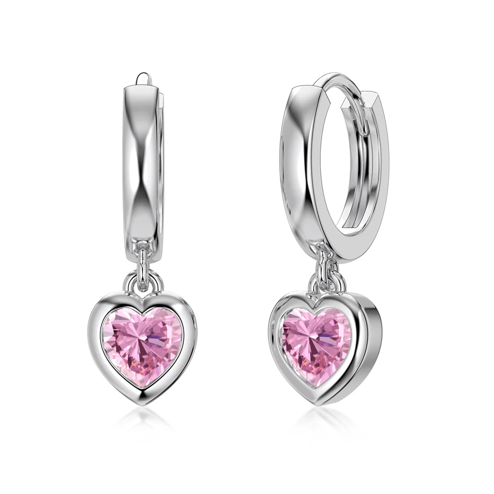 Silver Zircon Heart Cut Drop Huggie Earrings
