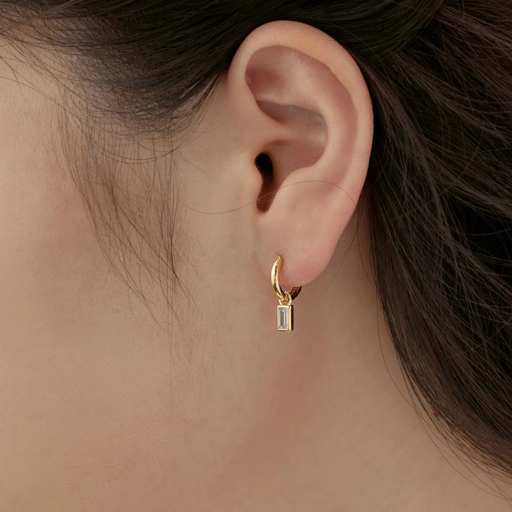 Silver Zircon Baguette Cut Drop Huggie Earrings