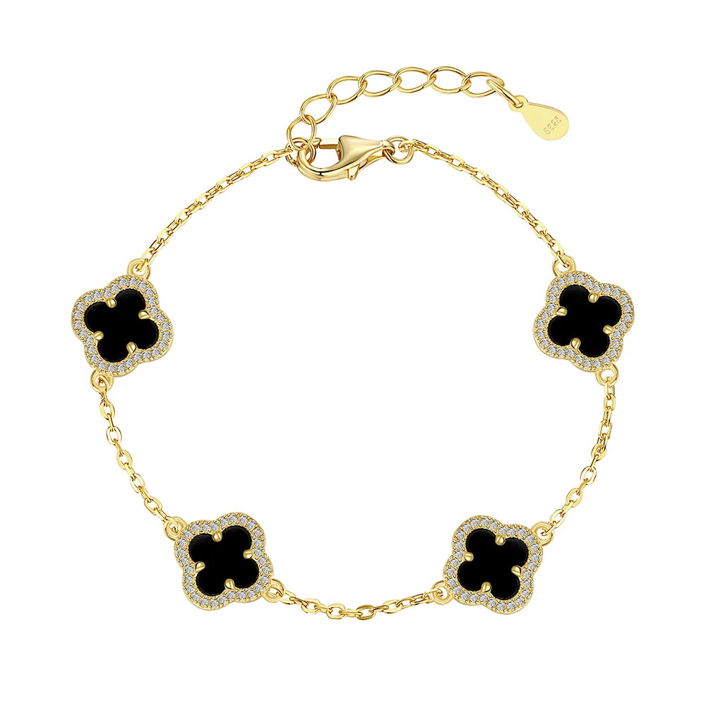 Silver Onyx Clover Cut Clover Charm Bracelet