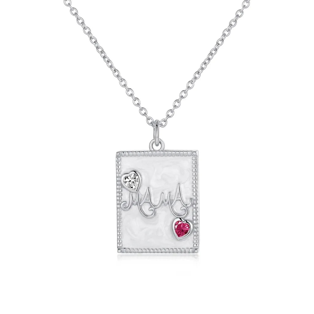 Silver Zircon Heart Cut Mama Pendant Necklace