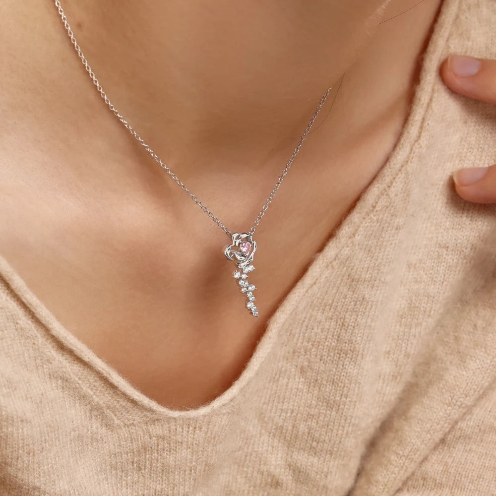 Silver Zircon Round Cut Blossom Rose Pendant Necklace