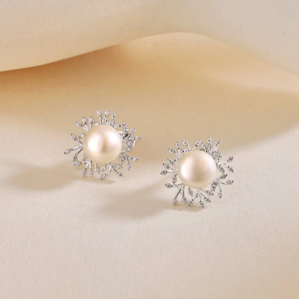 Silver Pearl Snowflake Ear Studs