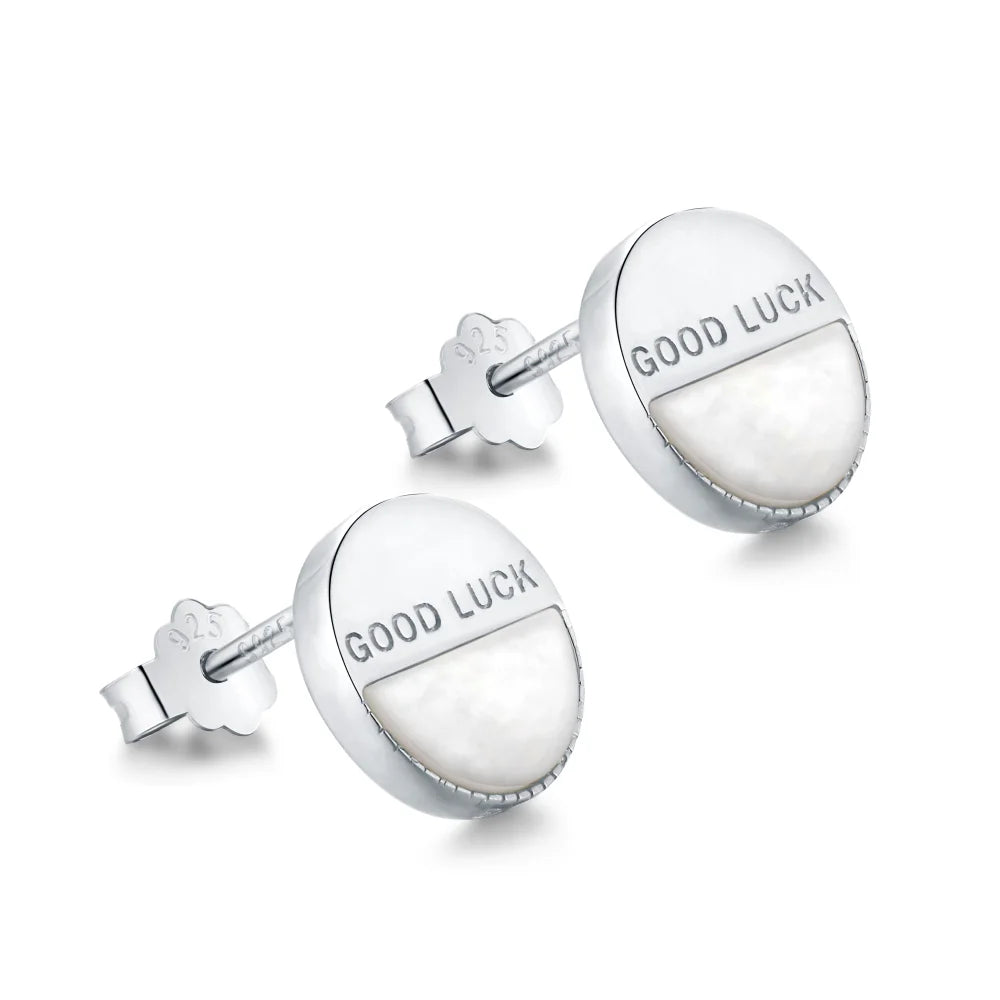 Silver Opal Half Moon Cut Good Luck Disc Ear Studs