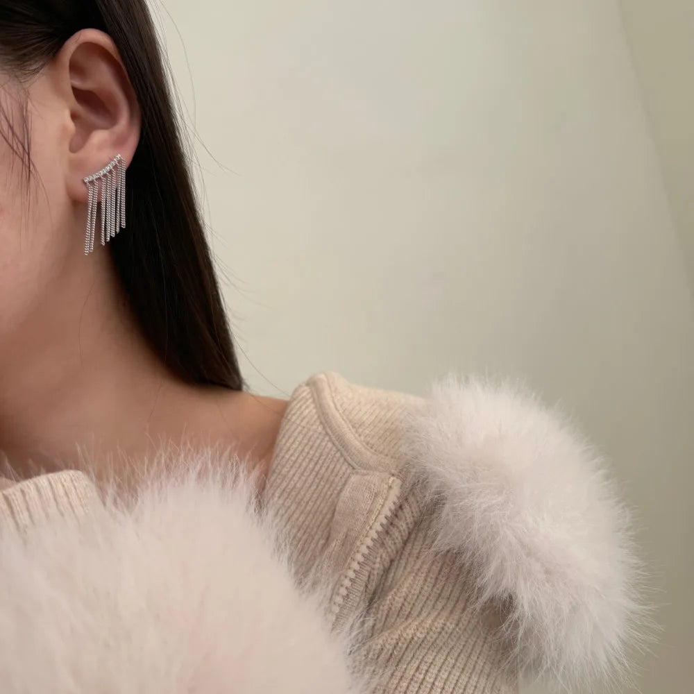 Silver Zircon Round Cut Bar Tassel Drop Earrings
