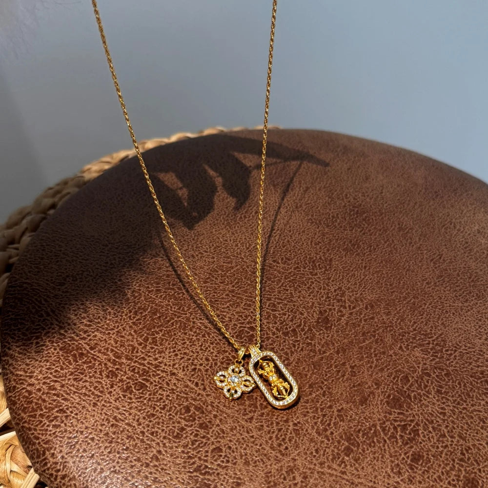 Silver Zircon Round Cut Lotus & Vajra Talisman Pendant Necklace