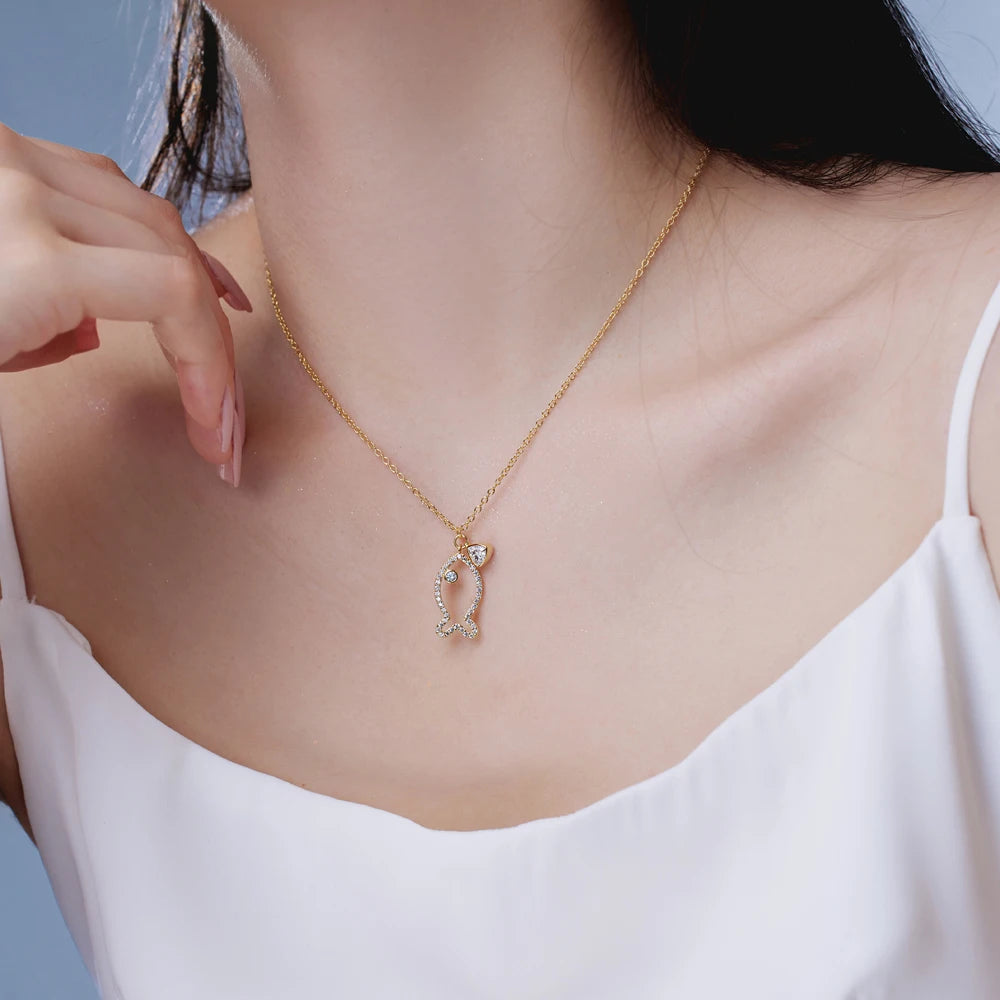 Silver Zircon Trillion Curved Cut Fish Pendant Necklace