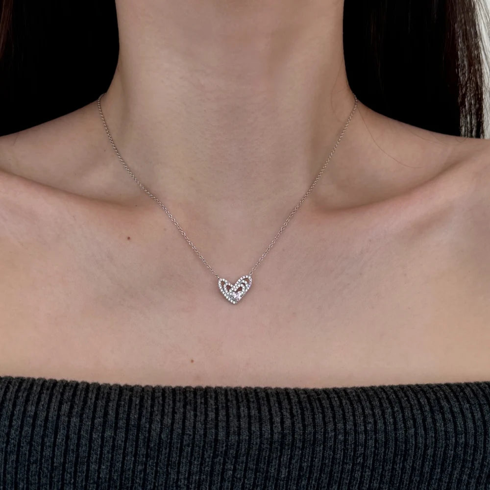 Silver Zircon Heart Cut Multi Layer Heart Pendant Necklace