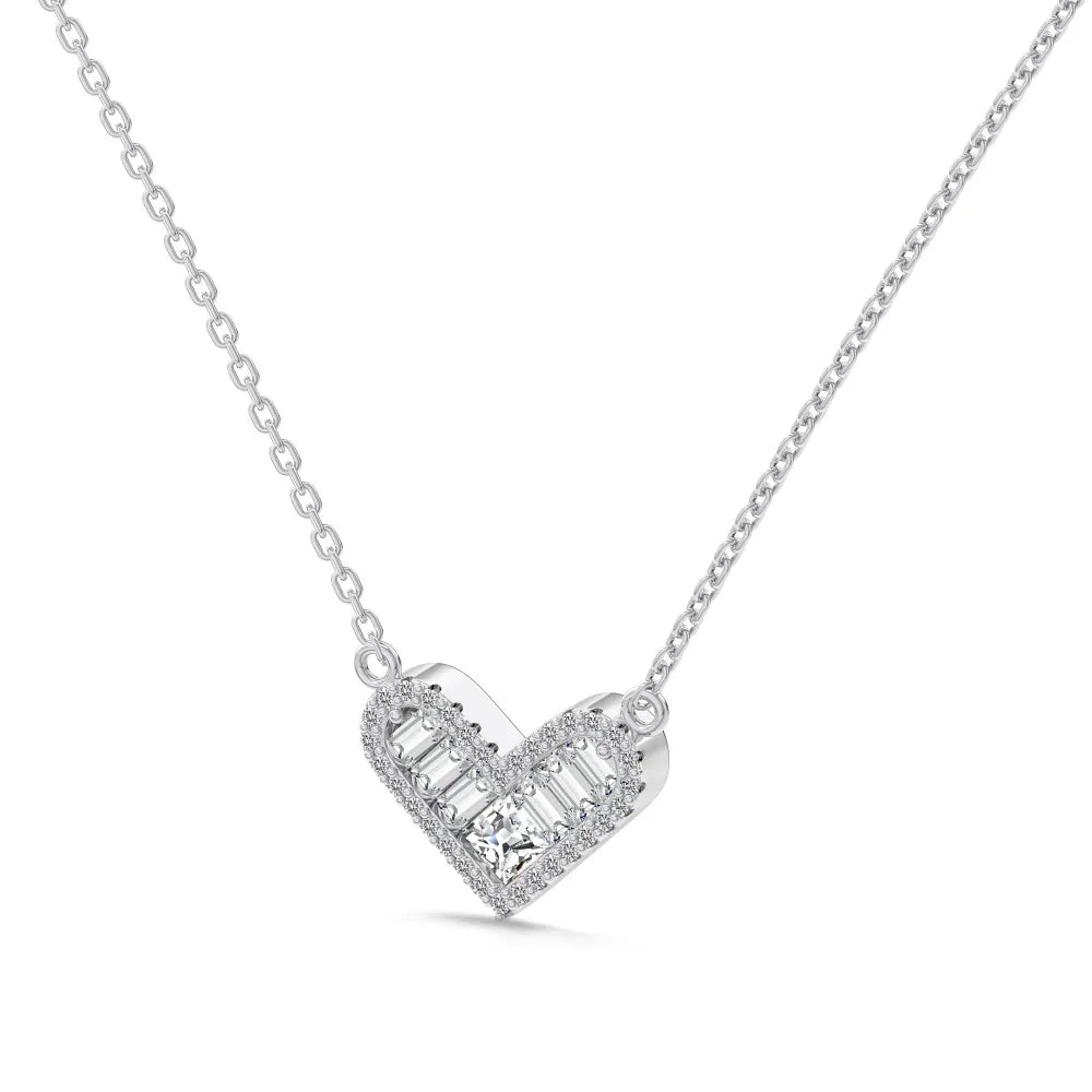 Silver Zircon Princess Cut Iced Halo Heart Pendant Necklace