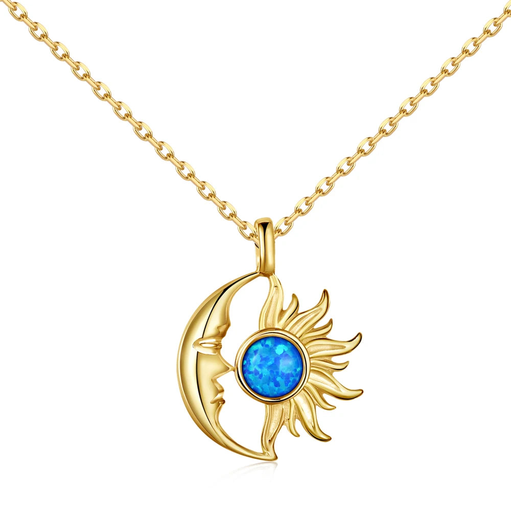 Silver Opal Round Cut Crescent Sunshine Pendant Necklace