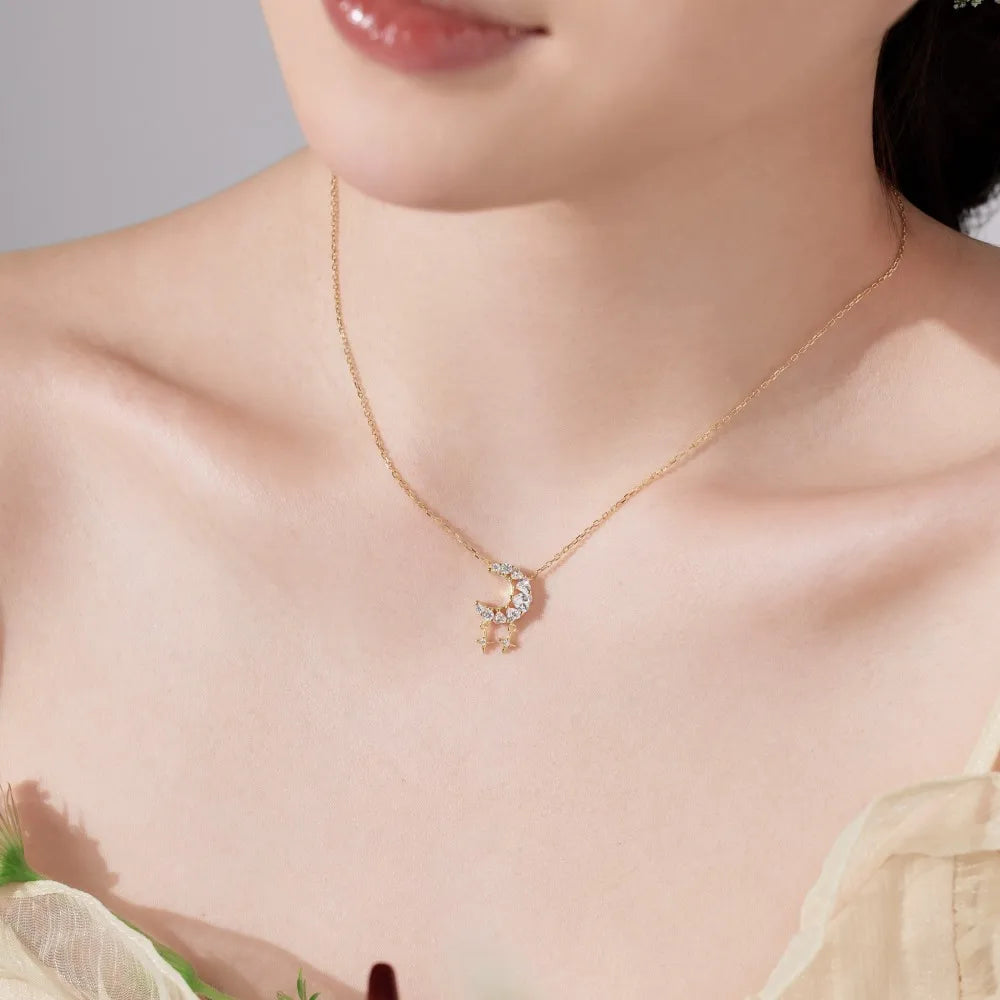 Silver Zircon Heart Cut Crescent Pendant Necklace