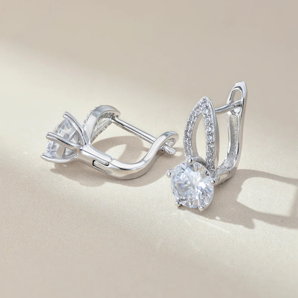 Silver Zircon Round Cut Leaf Huggie Earrings