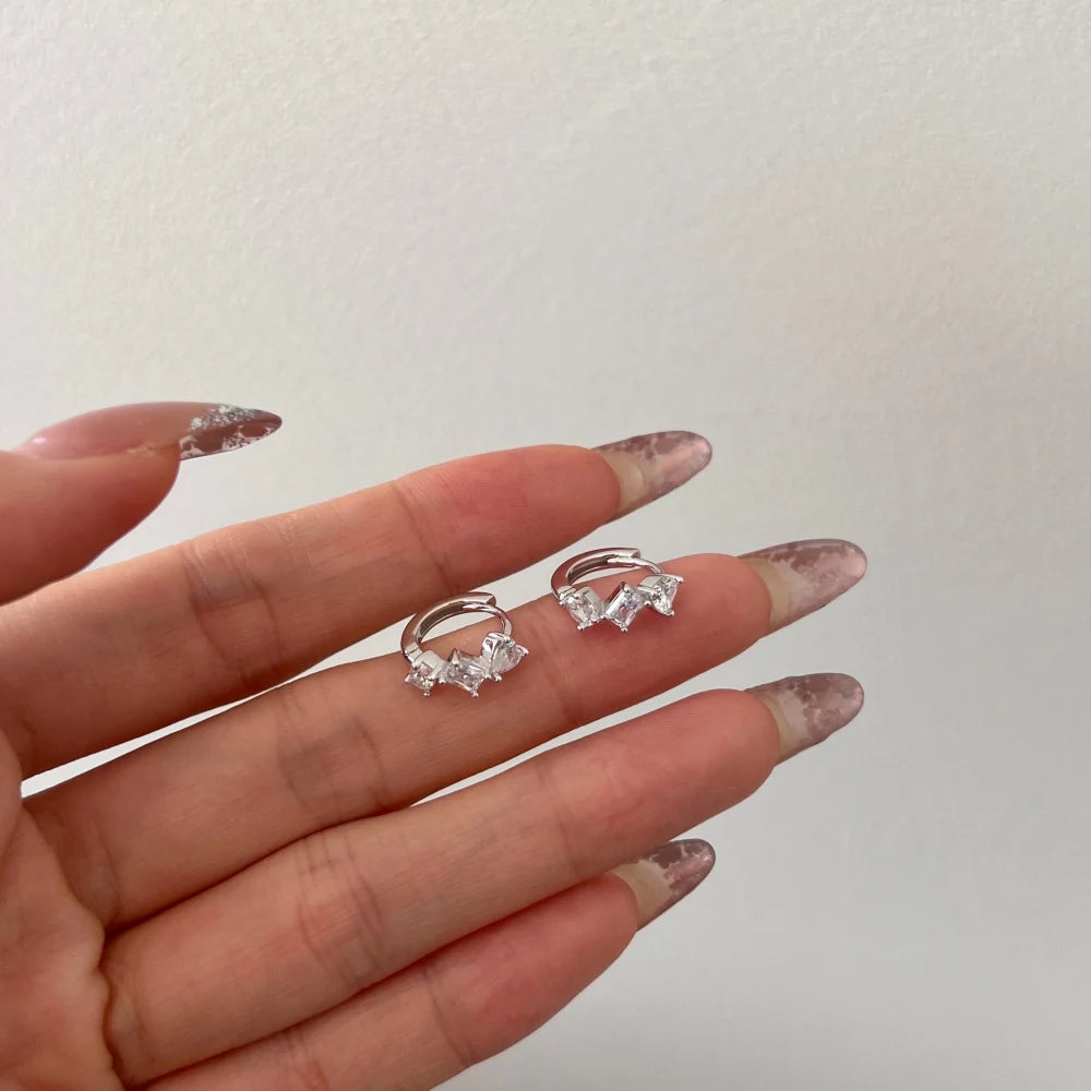 Silver Zircon Baguette Cut Inlaid Multi Shape Huggie Earrings