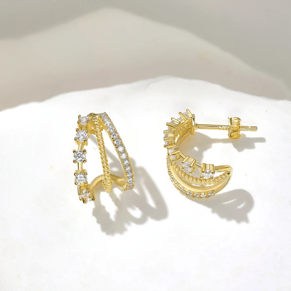 Silver Zircon Round Cut Twisted Hollow Huggie Earrings