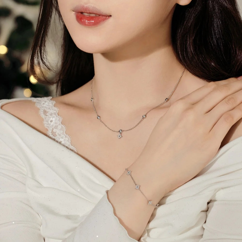 Silver Zircon Round Cut Stars Chain Bracelet