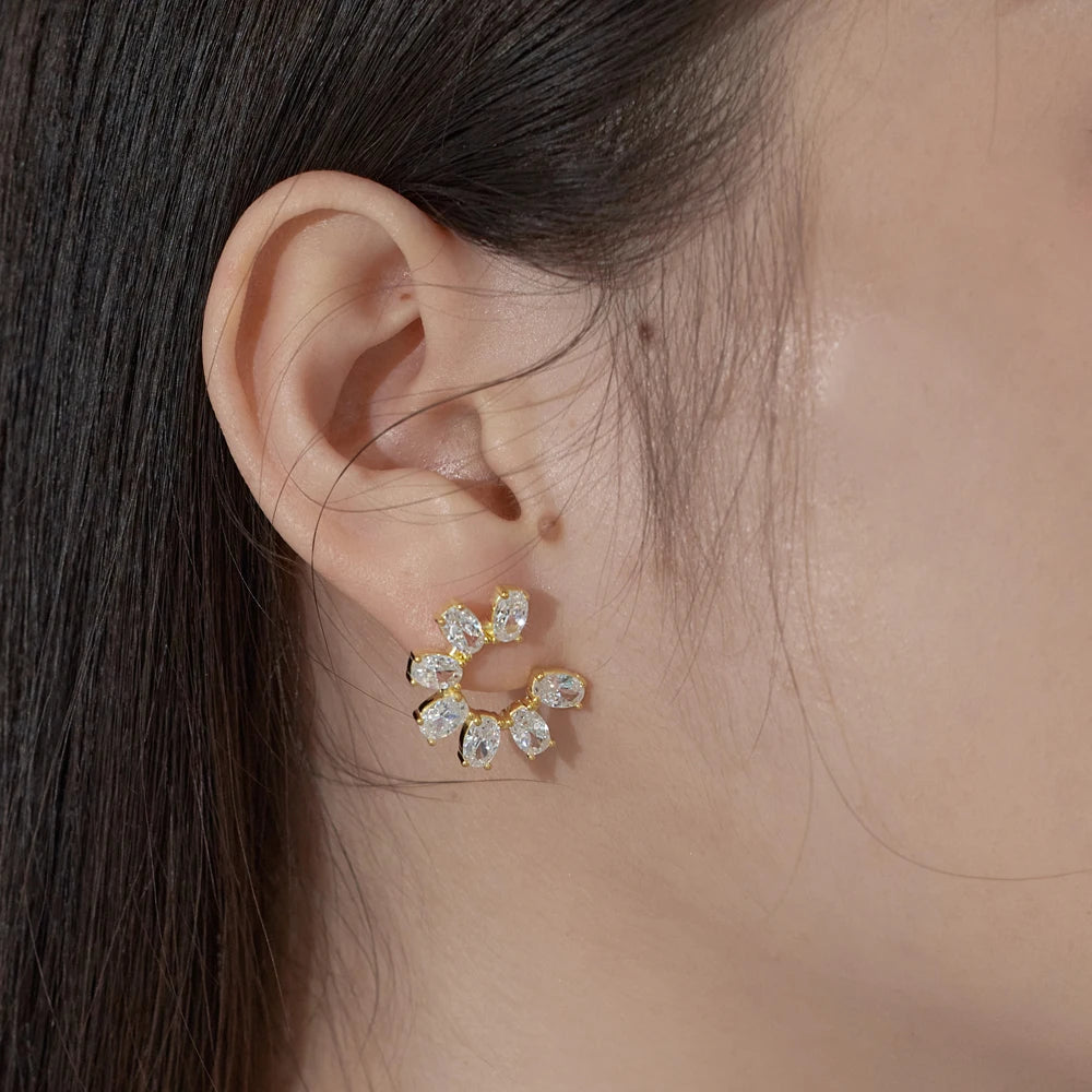 Silver Zircon Oval Cut Sunflower Ear Studs