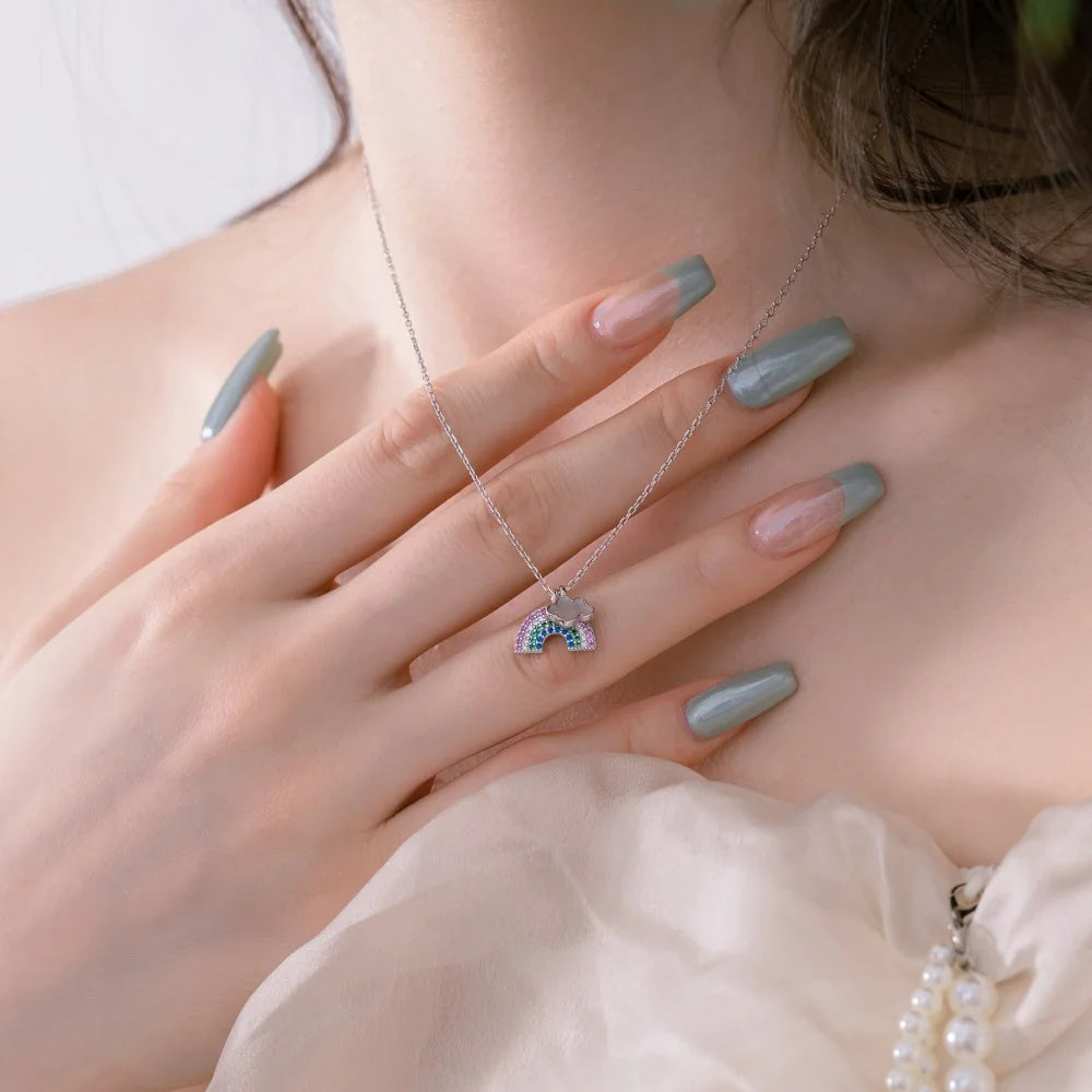 Silver Zircon Round Cut Inlaid Rainbow Pendant Necklace