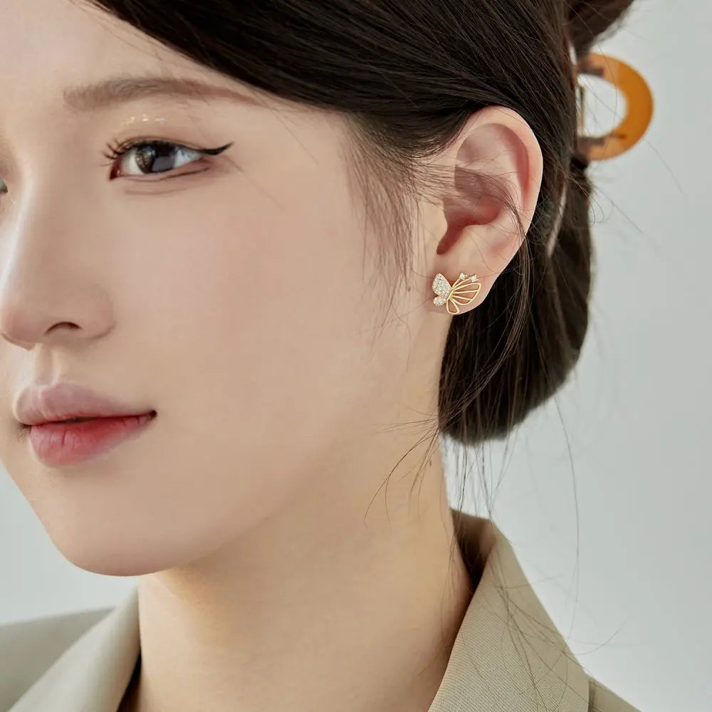 Silver Zircon Round Cut Hollow Inlaid Butterfly Ear Studs