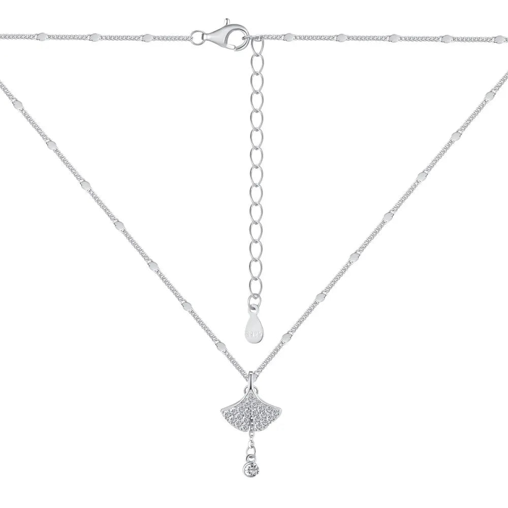 Silver Zircon Round Cut Ginkgo Leaf Pendant Necklace