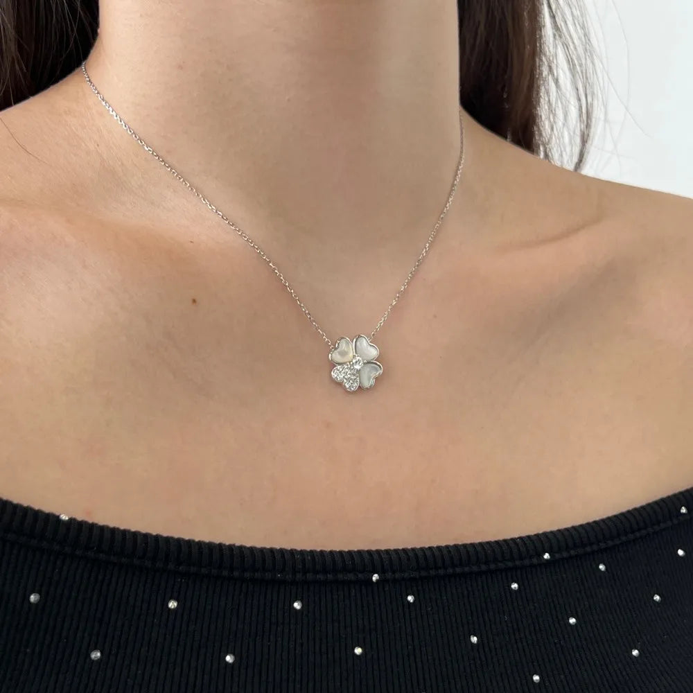 Silver Zircon Round Cut 4 Leaf Clover Pendant Necklace