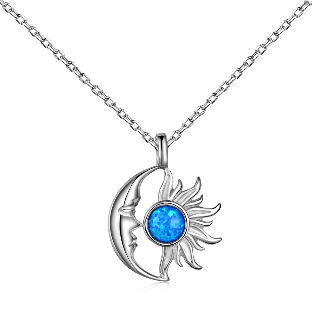 Silver Opal Round Cut Crescent Sunshine Pendant Necklace