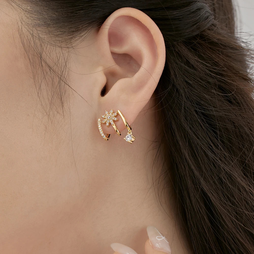 Silver Zircon Round Cut Twisted Flower Huggie Earrings